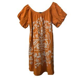 Anthropologie Uncle Frank Midi Dress Orange Embroidered Cotton Pockets Boho